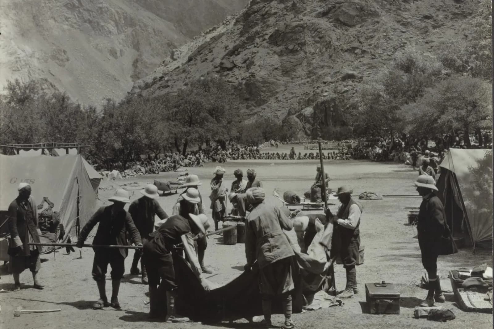 Archive photograph of a 1909 Karakoram expedition camp