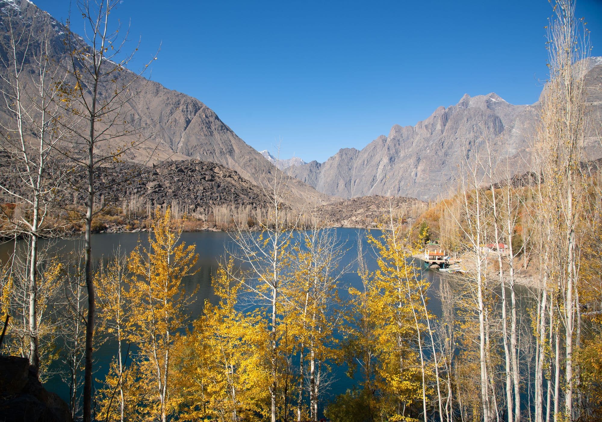 Lower Kachura Lake, Skardu, seen through autumn trees