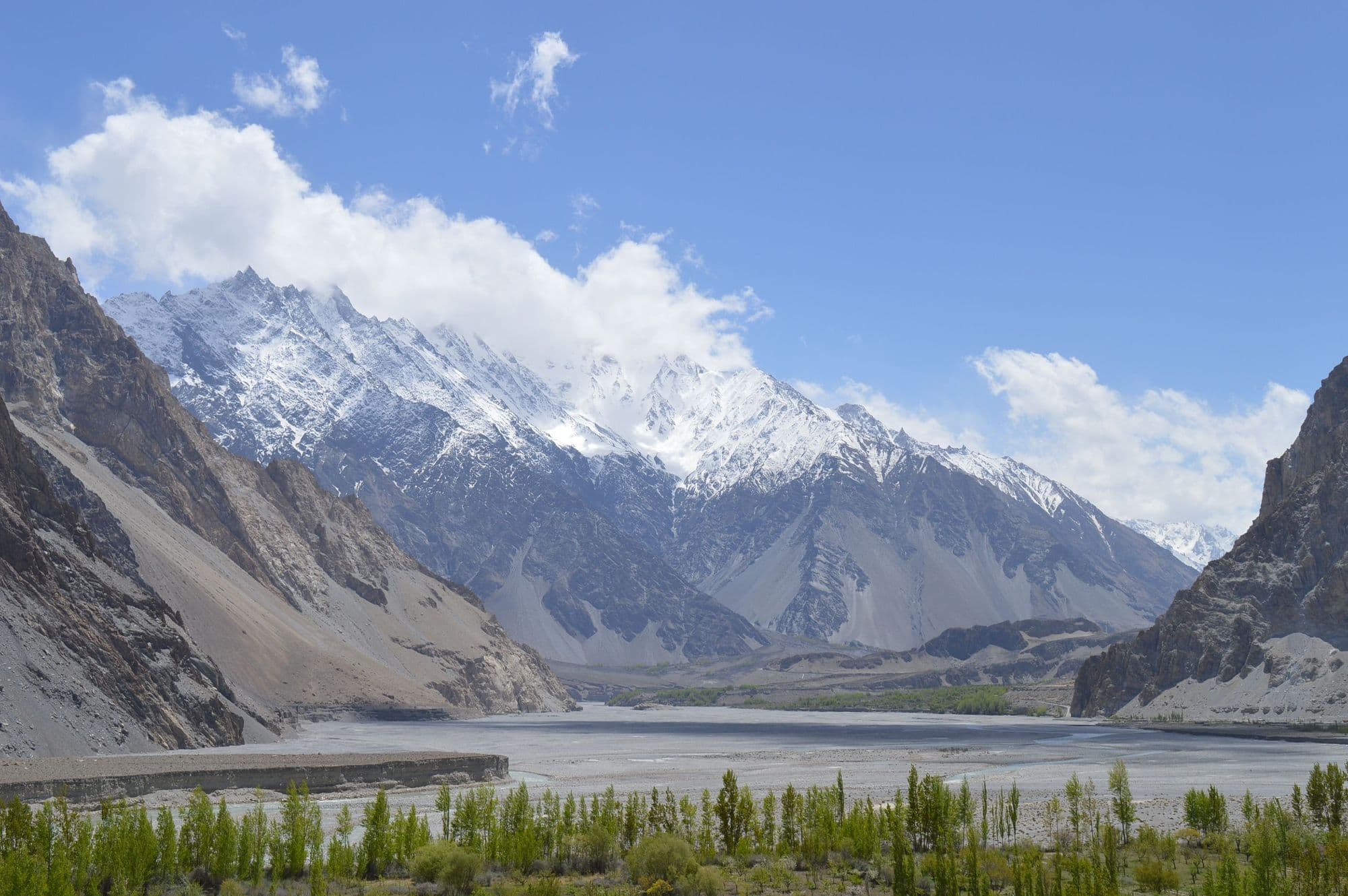 Snow-capped Karakoram peaks above Karimabad, Hunza Valley, in spring