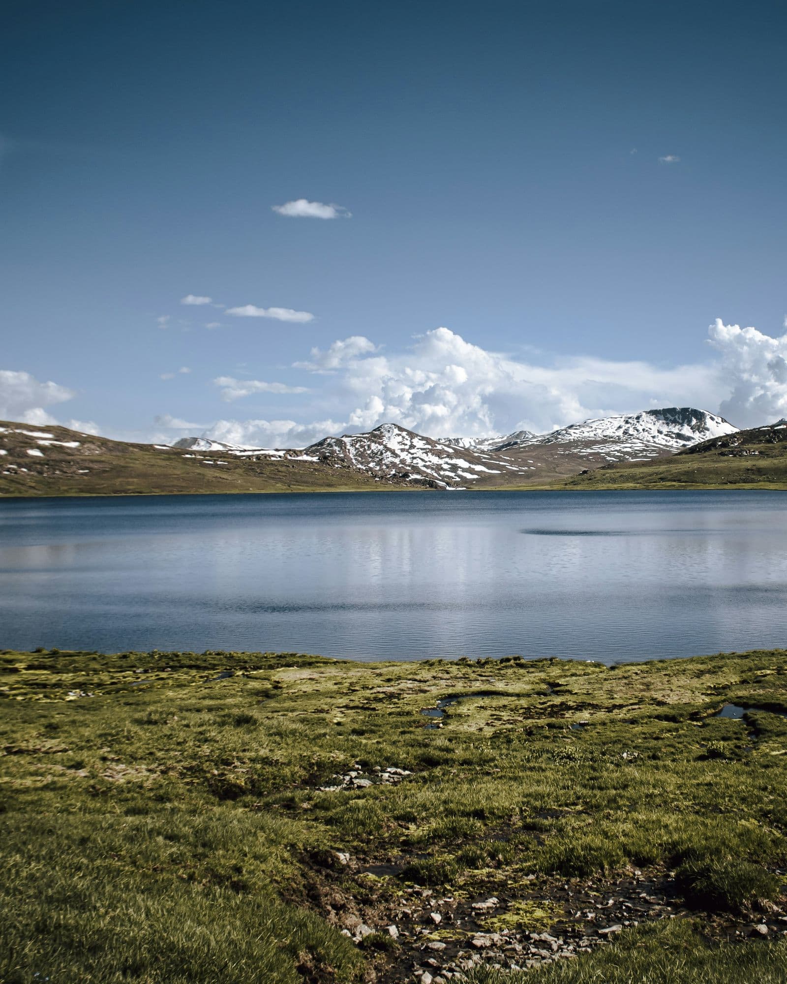 Sheosar Lake reflecting the sky and mountains, Deosai National Park