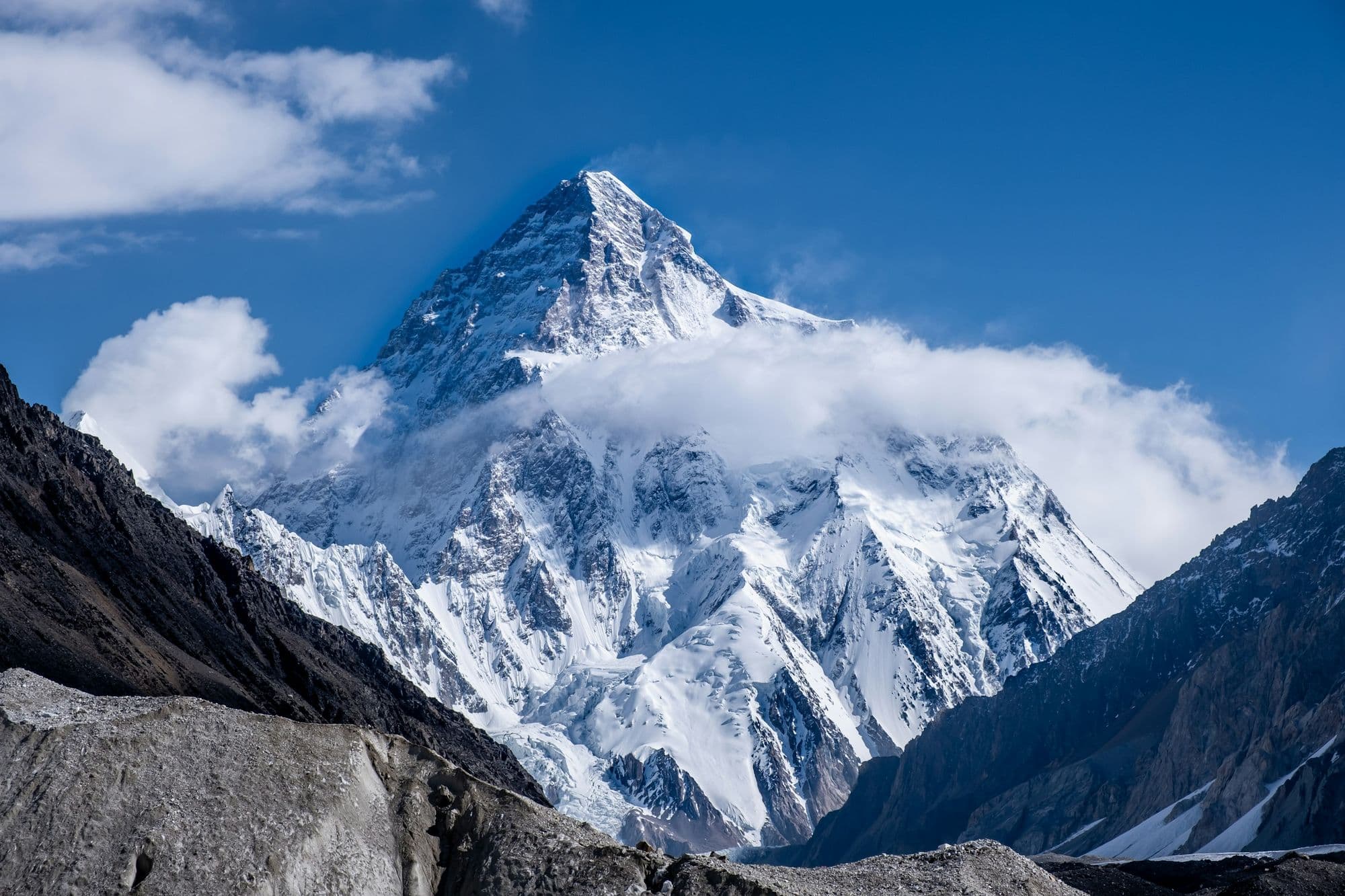 K2, the world's second-highest mountain, rising above the Baltoro Glacier under a clear blue sky