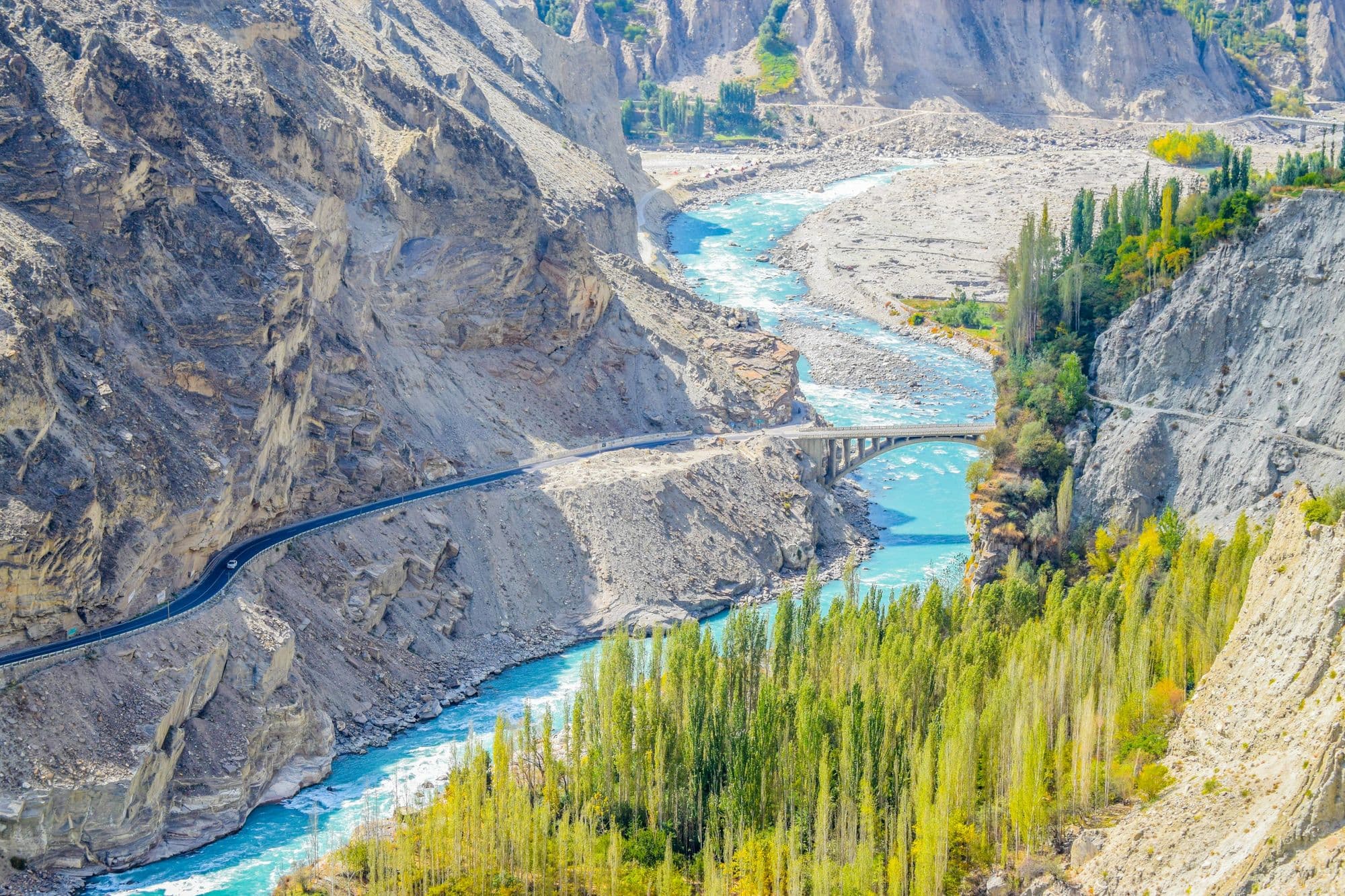 Aerial view of the Hunza River winding between mountains